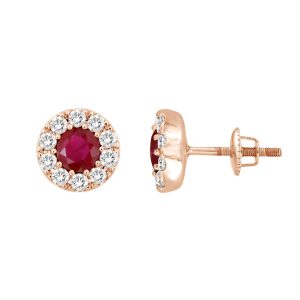 LADIES EARRING 1.75CT ROUND/RUBY DIAMOND 14K ROSE GOLD (CENTER STONE RUBY APPROX- 1.20CT)