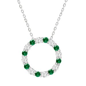 LADIES PENDANT WITH CHAIN 0.70CT ROUND/EMERALD DIAMOND 14K WHITE GOLD (CENTER STONE EMERALD APPROX 0.32CT)
