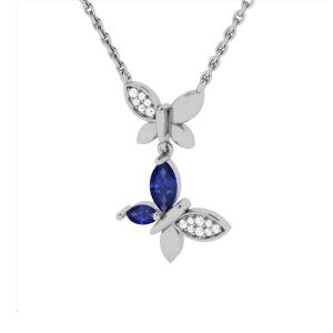 LADIES PENDANT 0.75CT ROUND/MARQUISE/BLUE SAPPHIRE DIAMOND 14K WHITE GOLD (CENTER STONE MARQUISE BLUE SAPPHIRE-0.60CT)
